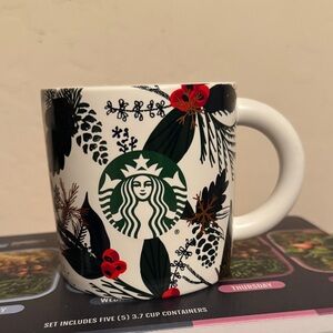 Starbucks Mug with Red and Green Floral Design
